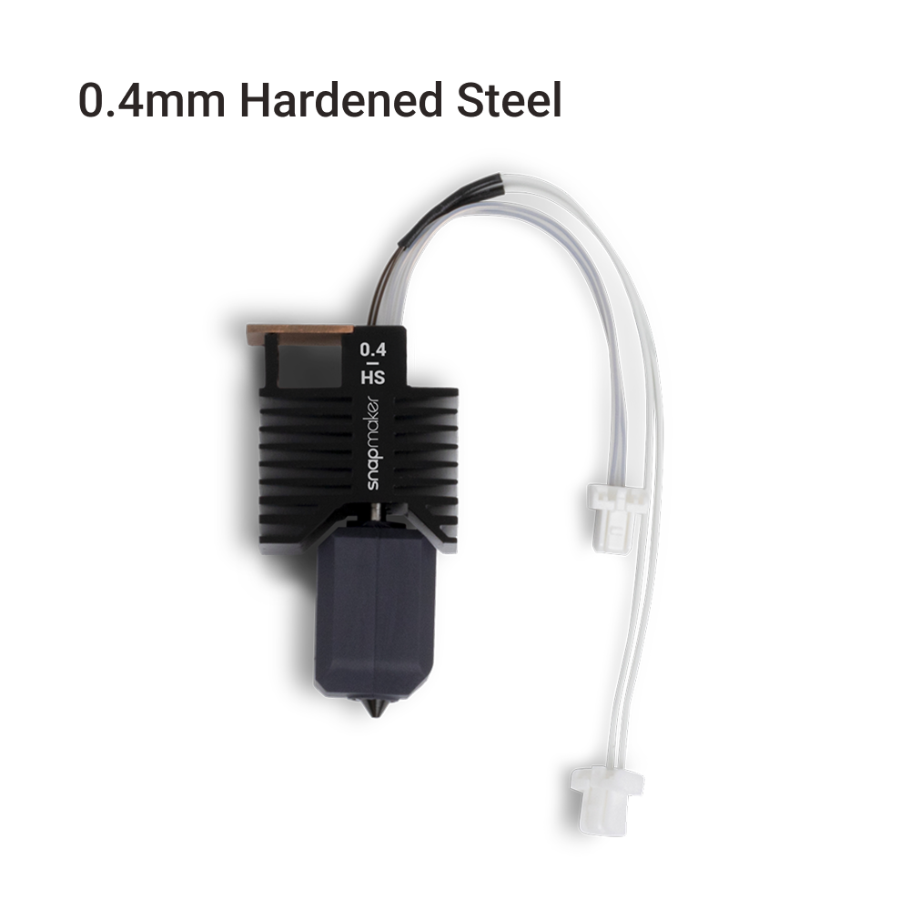 Snapmaker U1 0.4mm hardened steel hot end shown centered, with heatsink fins, nozzle, and twin tubes routed to the side.
