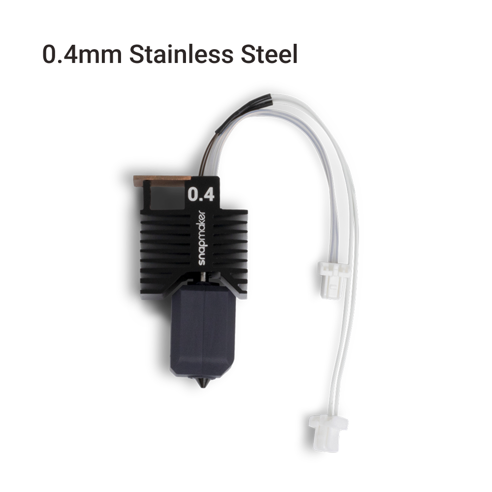 Snapmaker U1 0.4mm stainless steel hot end shown with heatsink and tubing, supporting PLA PETG TPU PVA and stable heating up to 300°C.