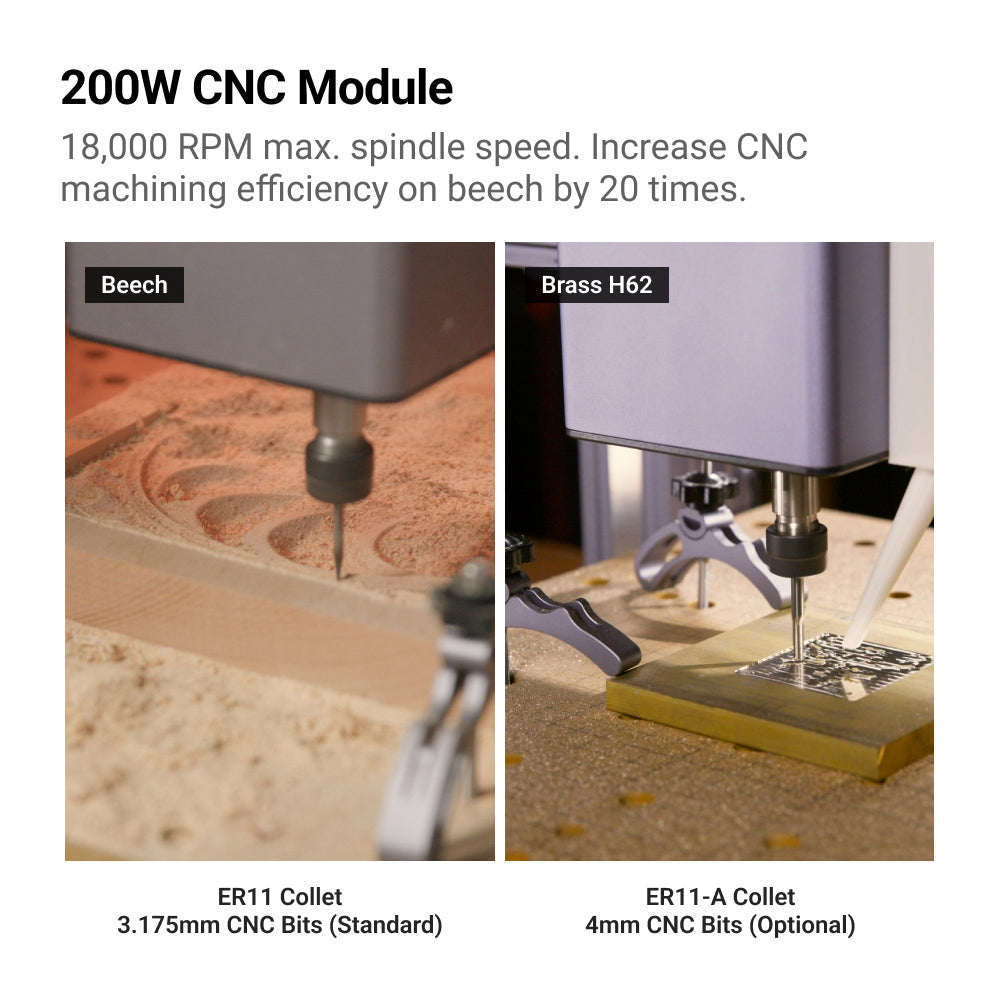 200W CNC module of Snapmaker 3-in-1 3D printer, achieving high efficiency in wood and metal machining.