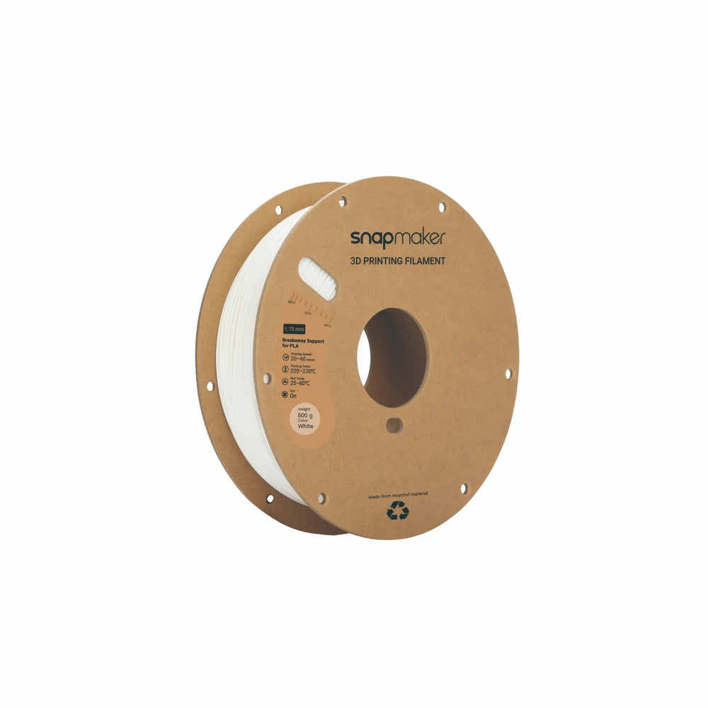Side view of Snapmaker 3D PLA white filament spool, perfect for various 3D printing applications. 