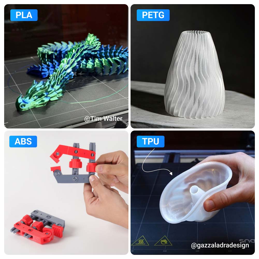 Diverse printing materials like PLA, PETG, ABS, and TPU used with Snapmaker 2.0 Modular 3D Printer.