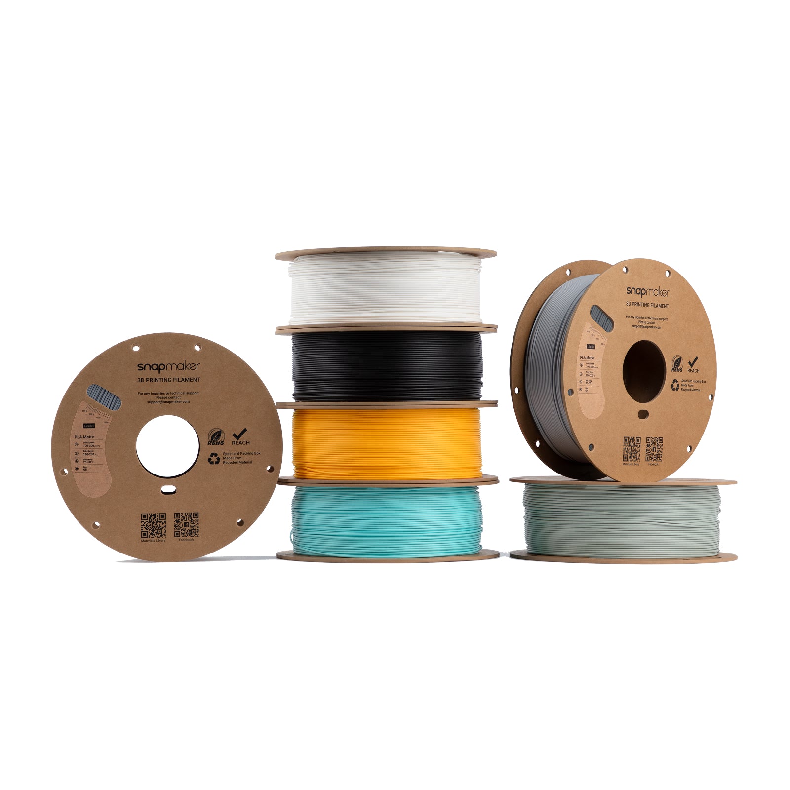 Multiple color spools of Snapmaker Matte PLA Filament neatly stacked for versatile 3D printing.
