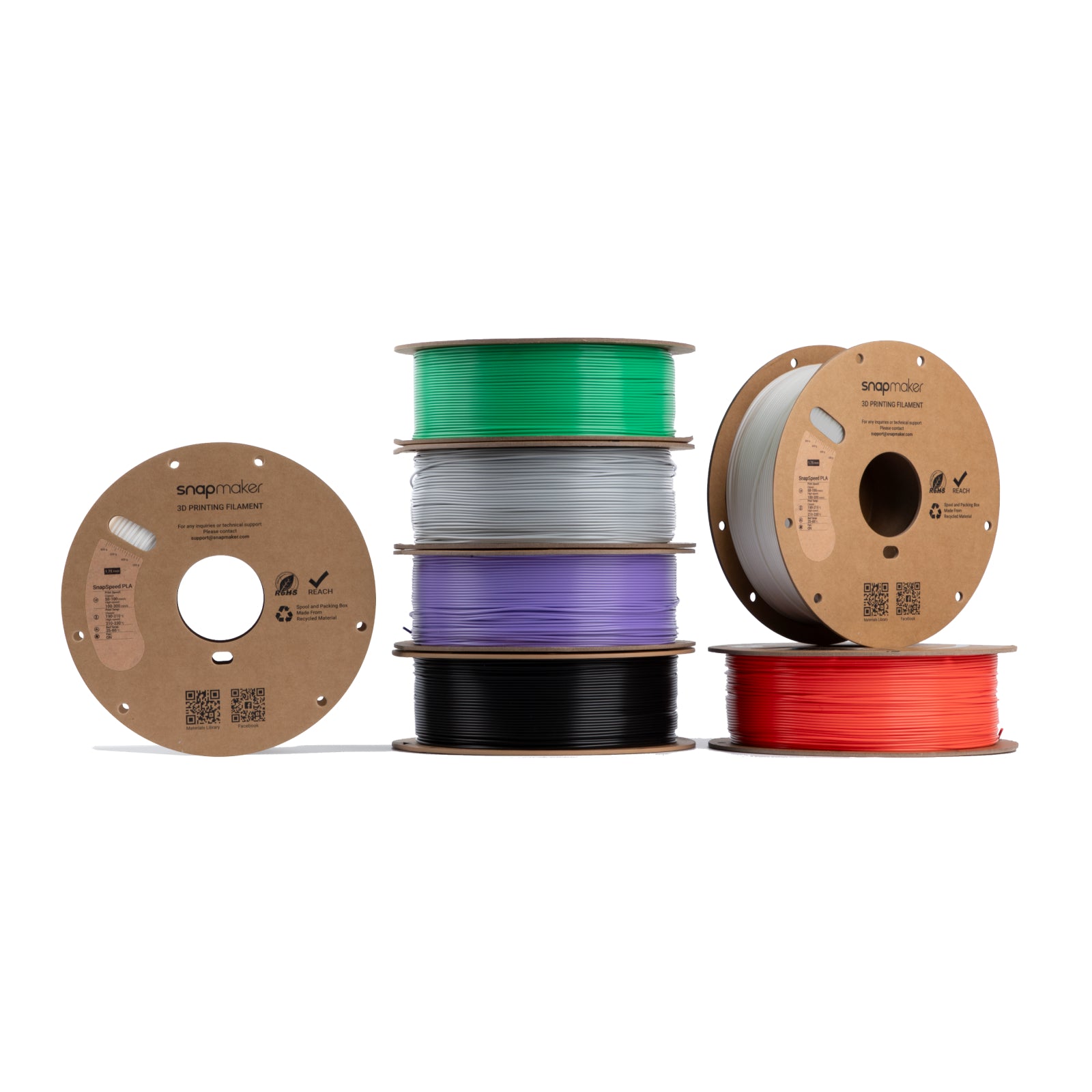 Snapmaker SnapSpeed PLA Filament spools in various colors stacked for 3D printing use.