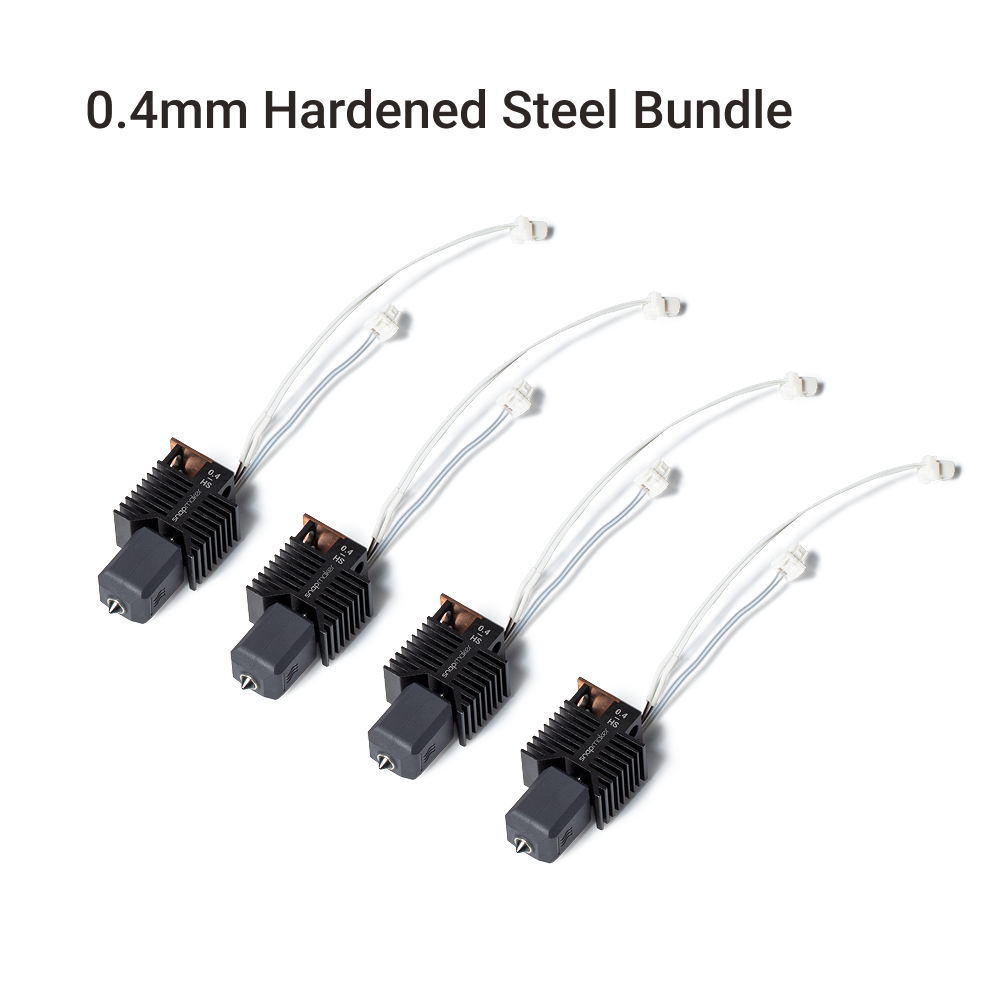 Snapmaker U1 0.4mm hardened steel hot end bundle with four modules, each with finned heatsink and tubing attached.