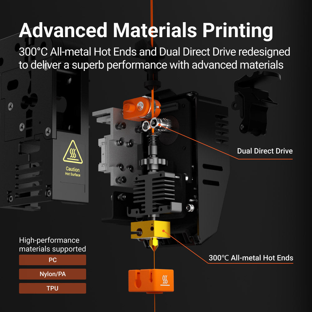 Snapmaker J1s 3D printer featuring 300°C all-metal hot ends and dual direct drive for high-performance material printing.