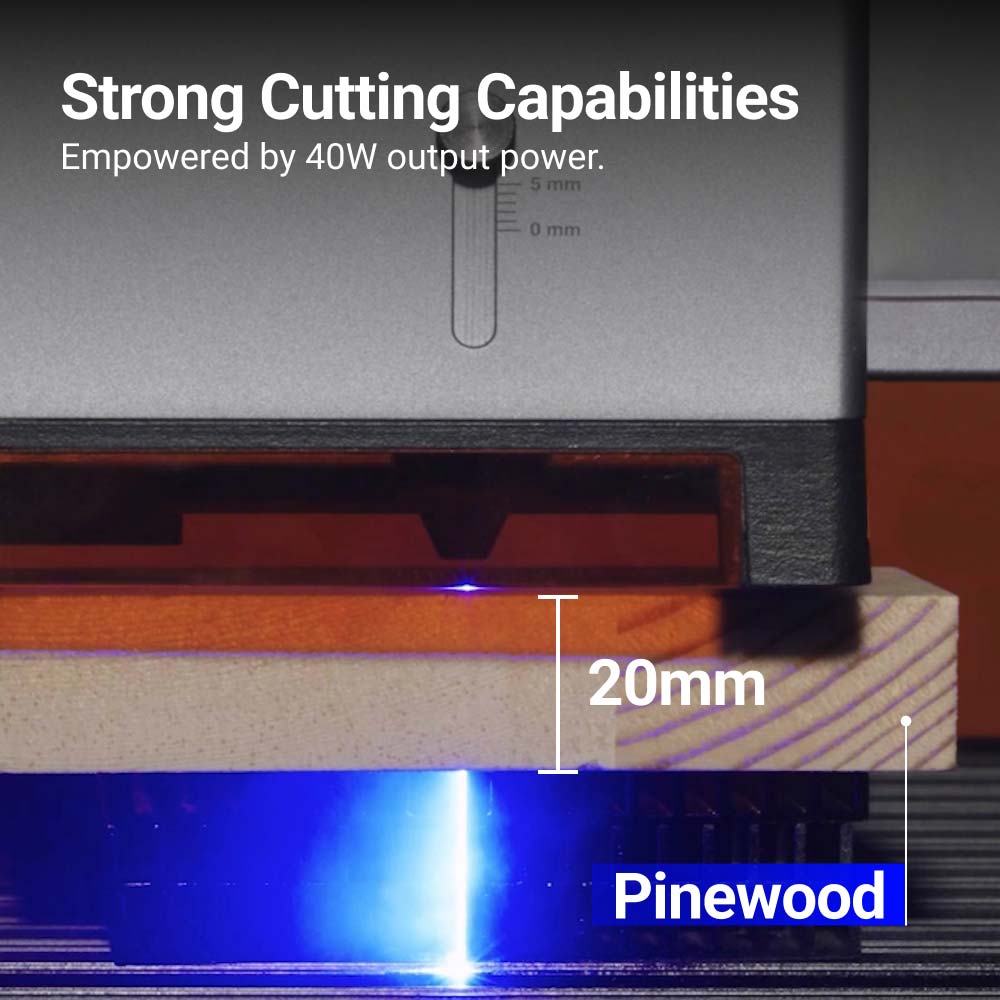 Snapmaker Ray 40W Laser Engraver and Cutter demonstrating cutting through 20mm pinewood.