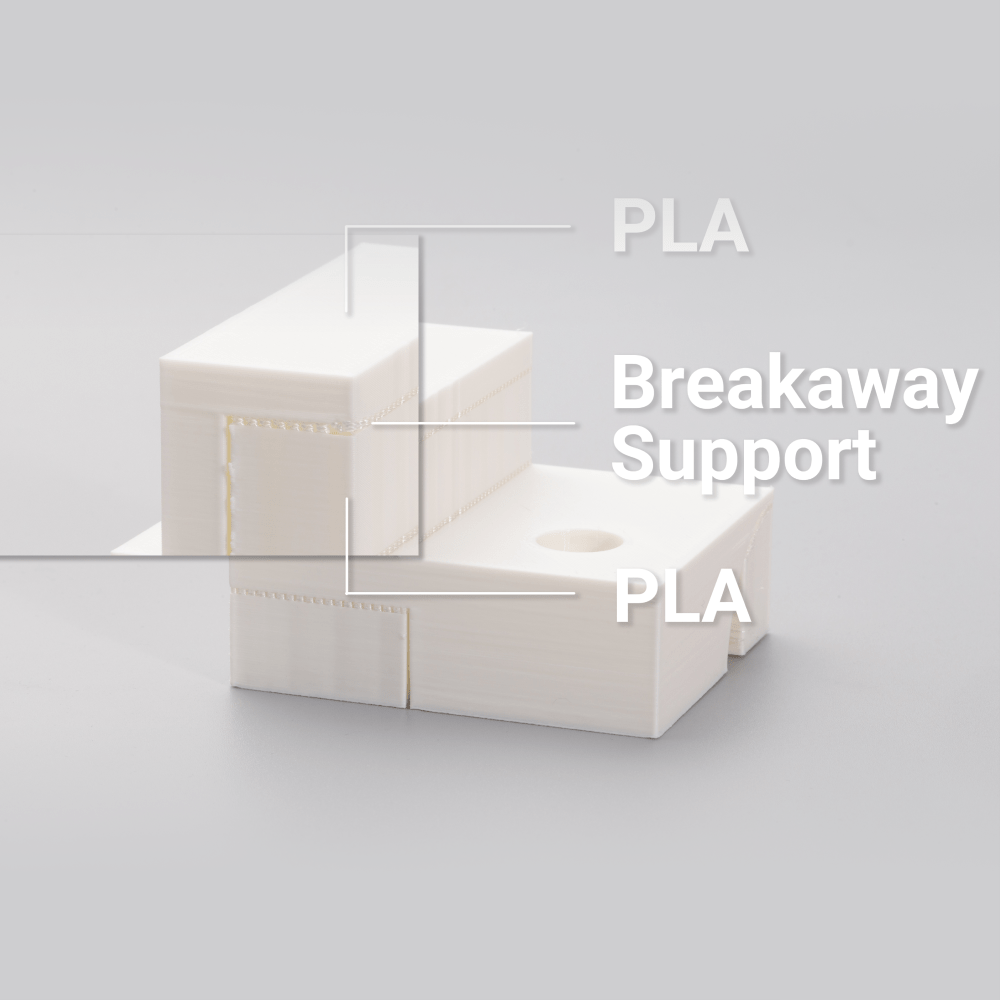 Close-up of 3D printed object with Snapmaker breakaway PLA support material. 