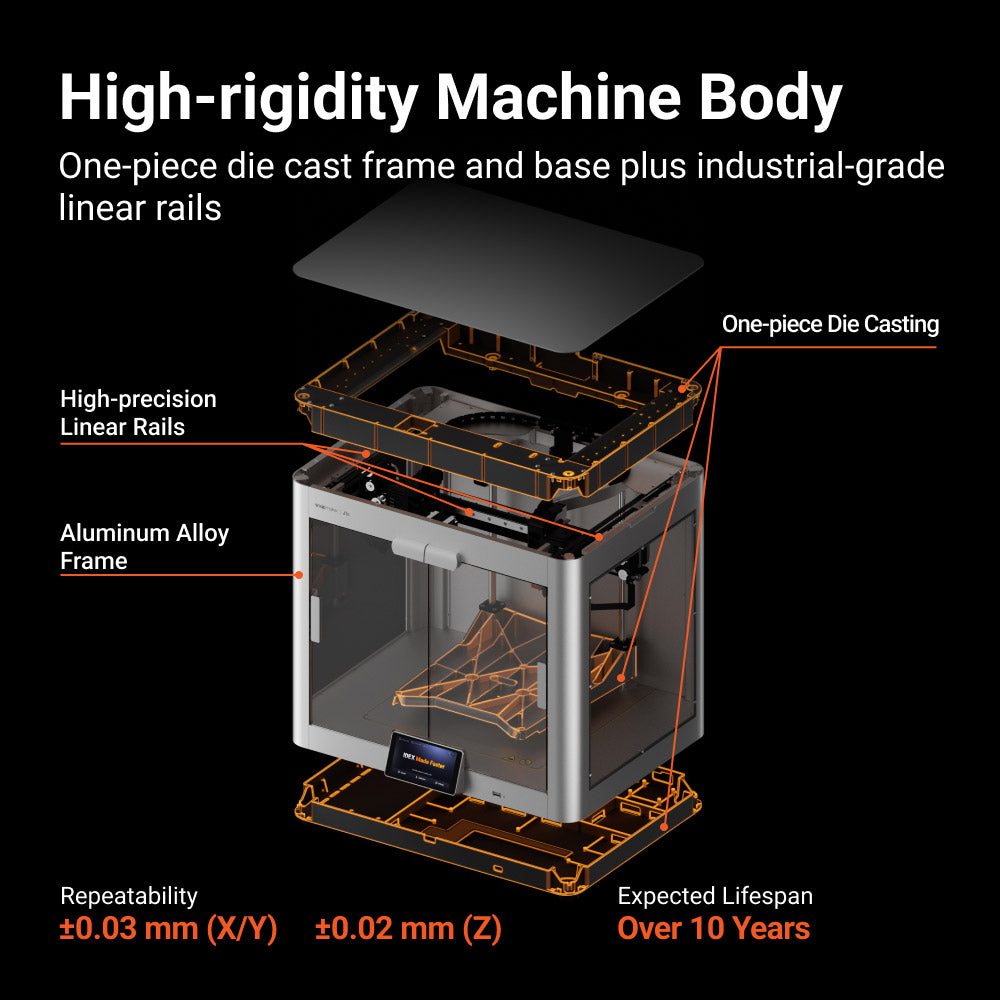 High-rigidity Snapmaker J1s 3D printer frame showcasing one-piece die casting and industrial-grade linear rails for stability.