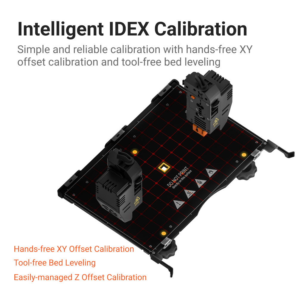 Illustration of Snapmaker J1s's IDEX calibration system, featuring hands-free XY offset and tool-free bed leveling for the fastest printing.