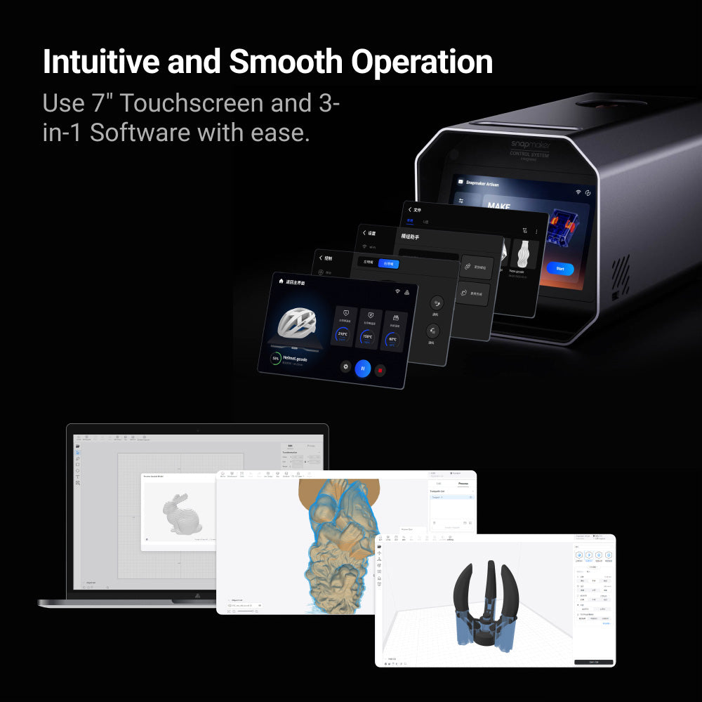 Intuitive 7-inch touchscreen on Snapmaker Artisan 3-in-1 3D printer for smooth operation and software interaction.