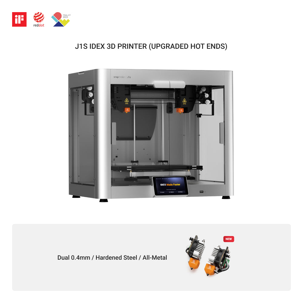 Snapmaker J1s high-speed IDEX 3D printer with upgraded hot ends and dual 0.4mm hardened steel all-metal extruders.