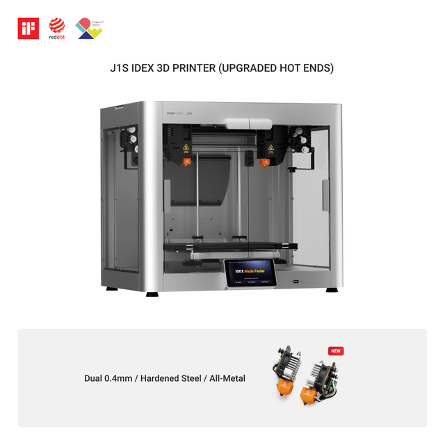 Snapmaker J1s high-speed IDEX 3D printer with upgraded hot ends and dual 0.4mm hardened steel all-metal extruders.