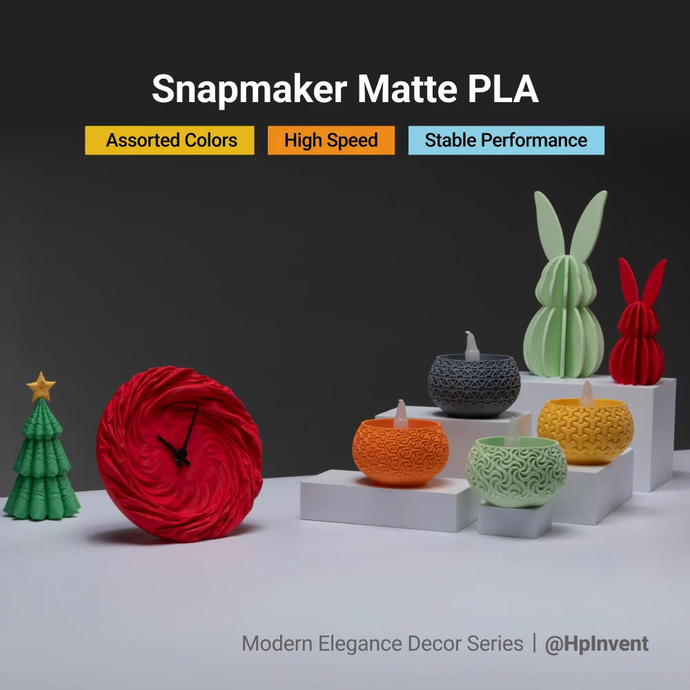 Colorful decor models 3D printed using Snapmaker Matte PLA Filament in assorted tones.
