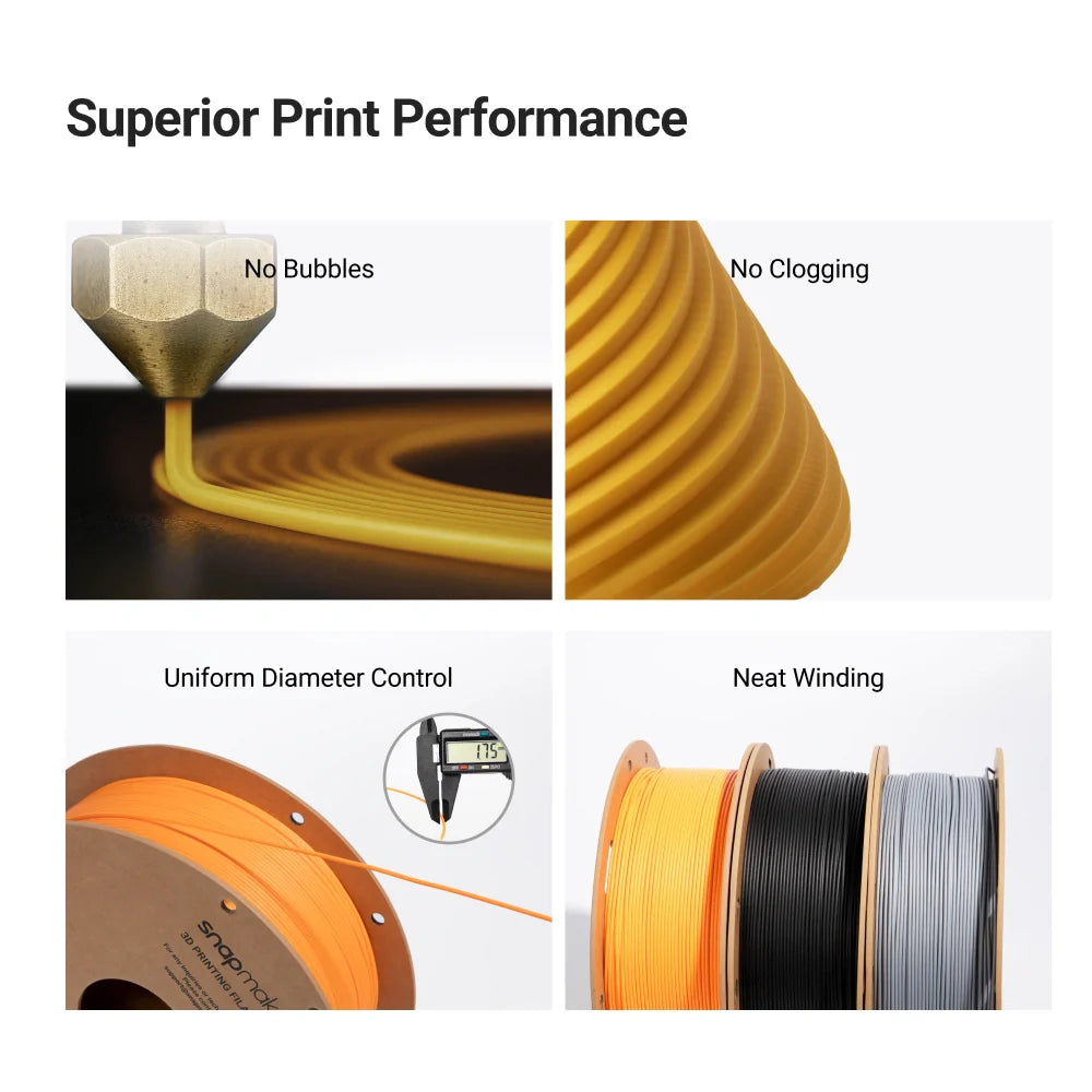 Snapmaker Matte PLA Filament extrudes smoothly with no bubbles and perfect diameter control.