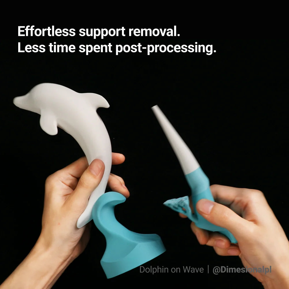 Snapmaker Matte PLA Filament allows easy support removal from a dolphin 3D print.