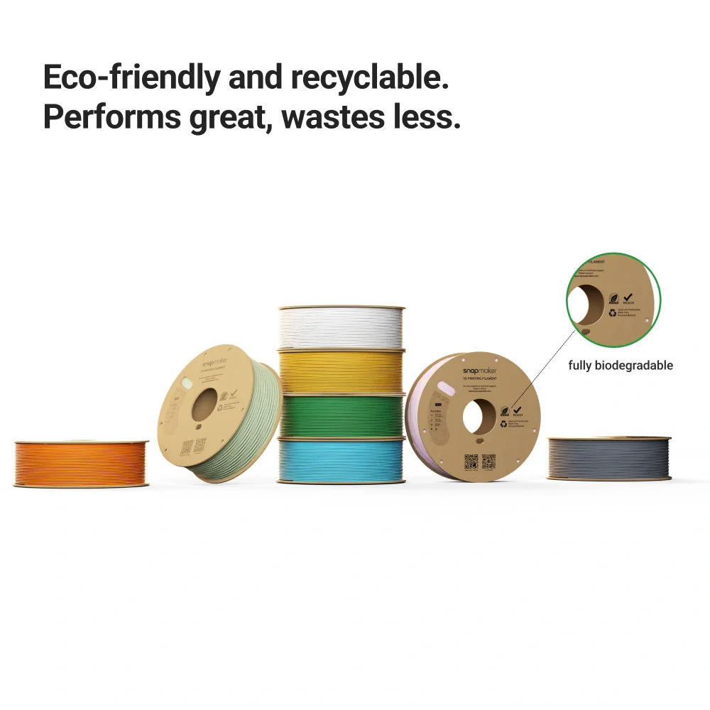 Snapmaker Matte PLA Filament spools in vibrant colors with eco-friendly recyclable design.