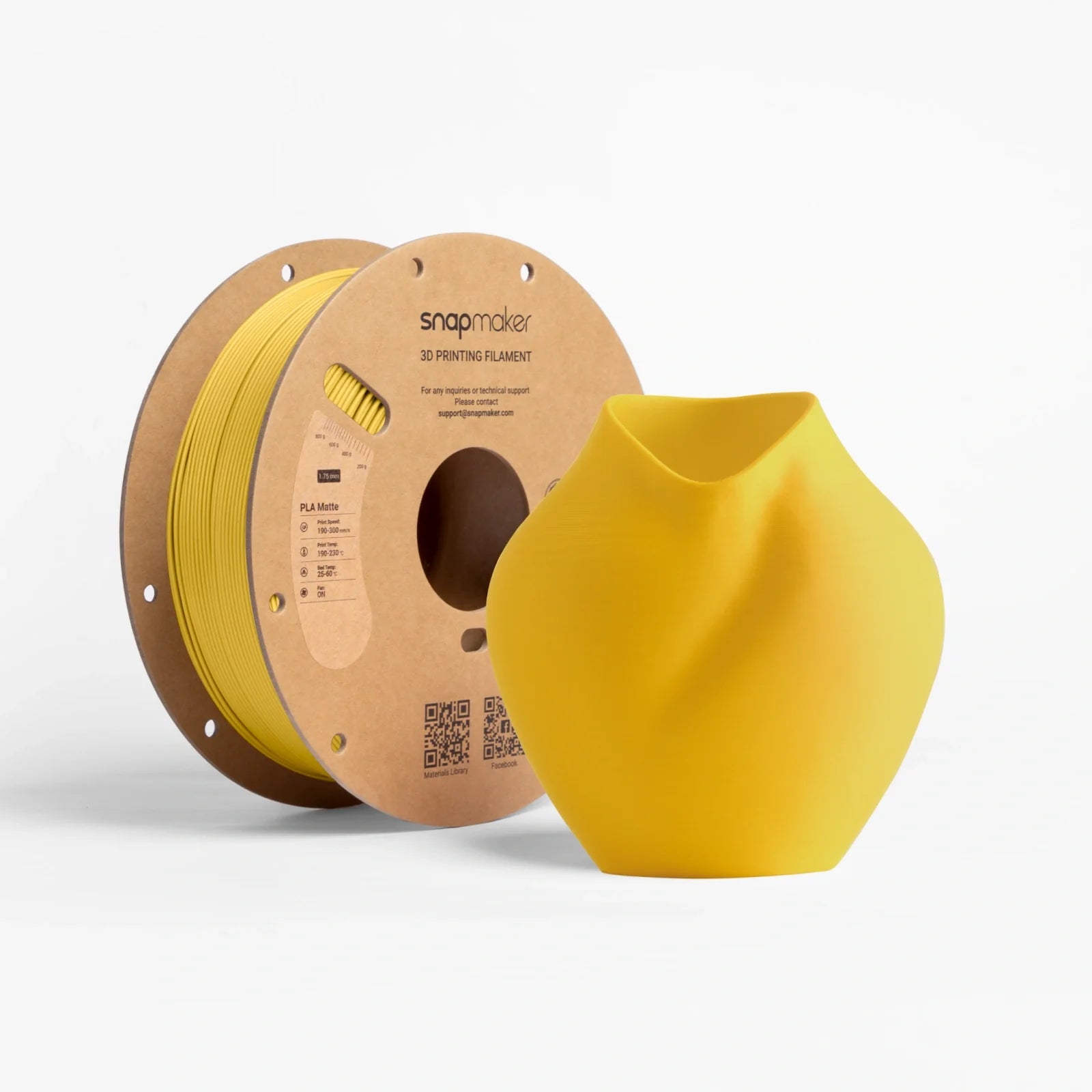 Snapmaker Matte PLA Filament in yellow with a vibrant 3D-printed yellow vase.