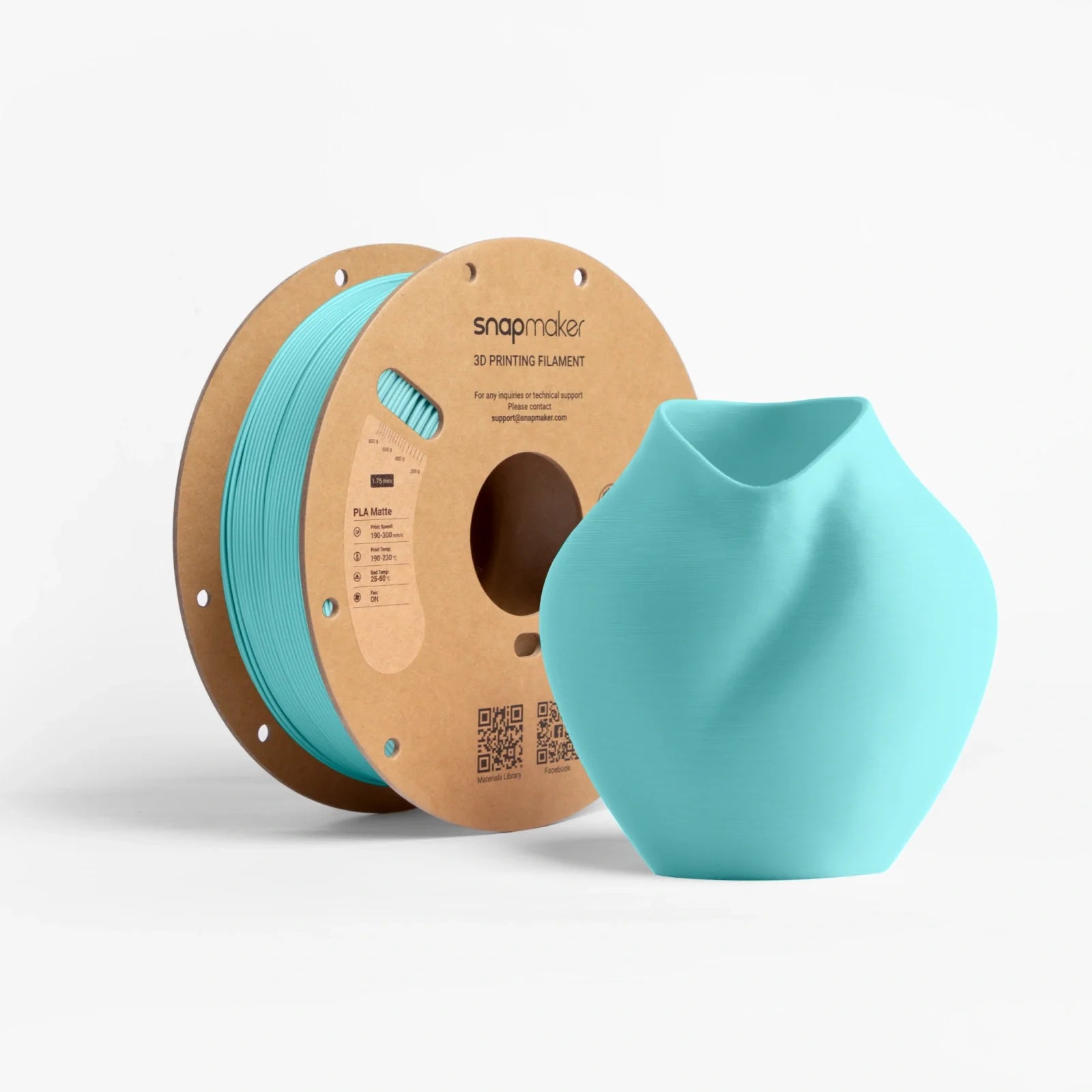 Snapmaker Matte PLA Filament in light blue with a printed vase of matching shade.