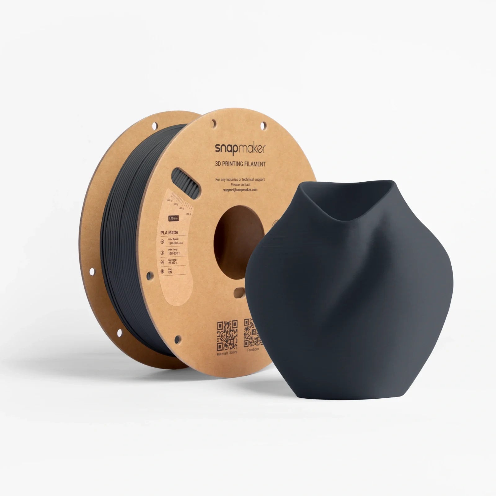 Black Snapmaker Matte PLA Filament next to a smoothly printed matte black vase.