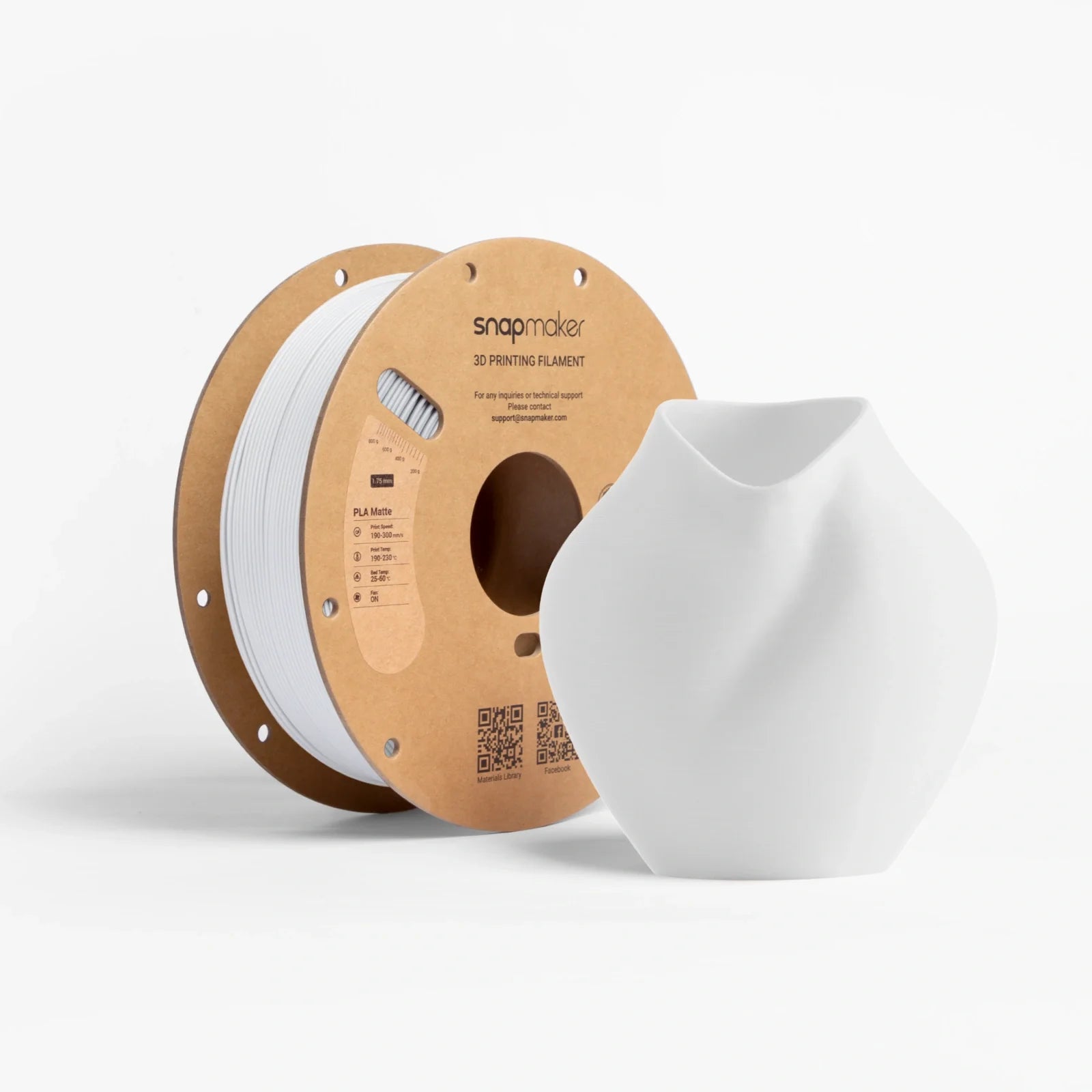 Snapmaker Matte PLA Filament in white with a 3D-printed white vase showing smooth texture.
