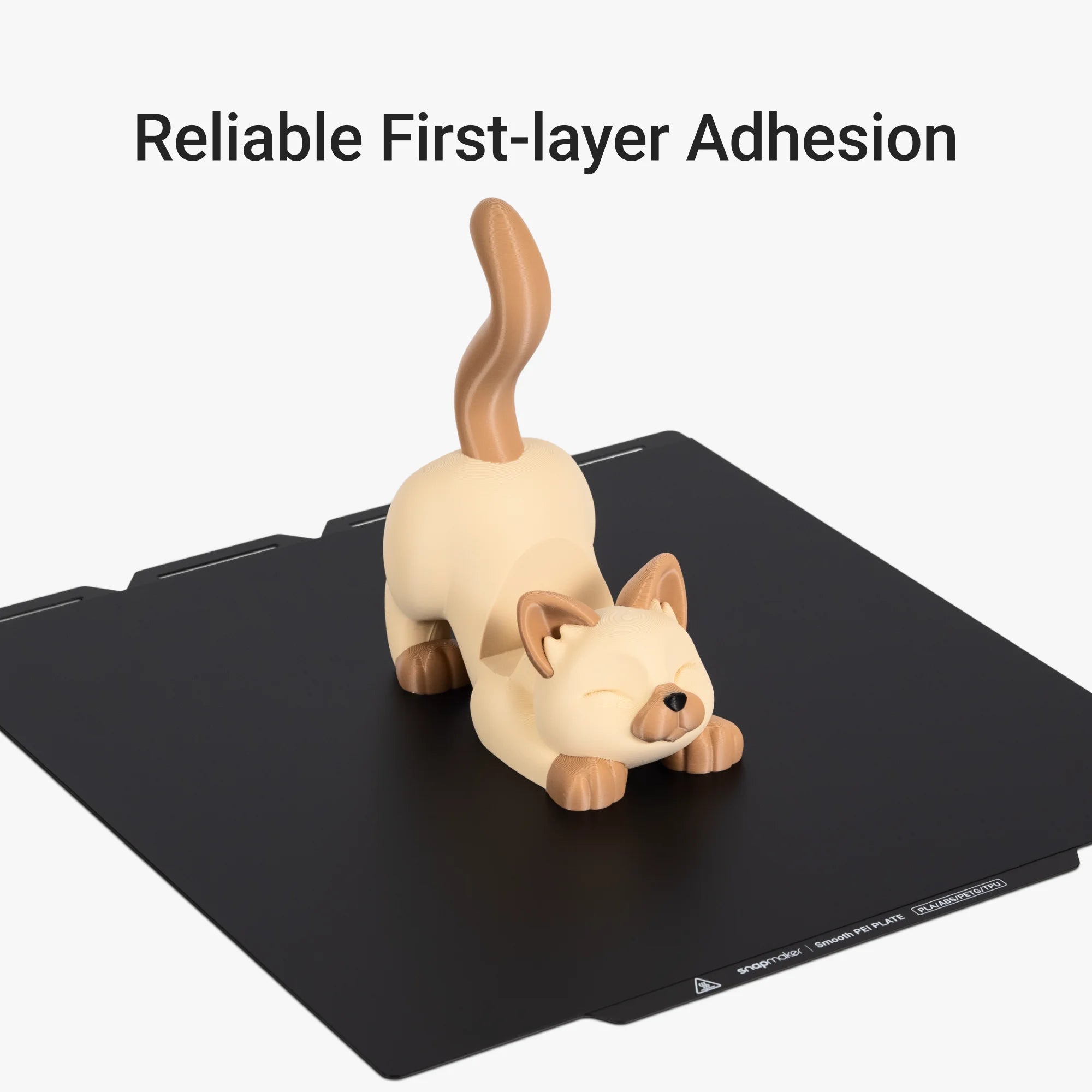 Smooth PEI Steel Plate holding a 3D printed cat model with reliable adhesion.
