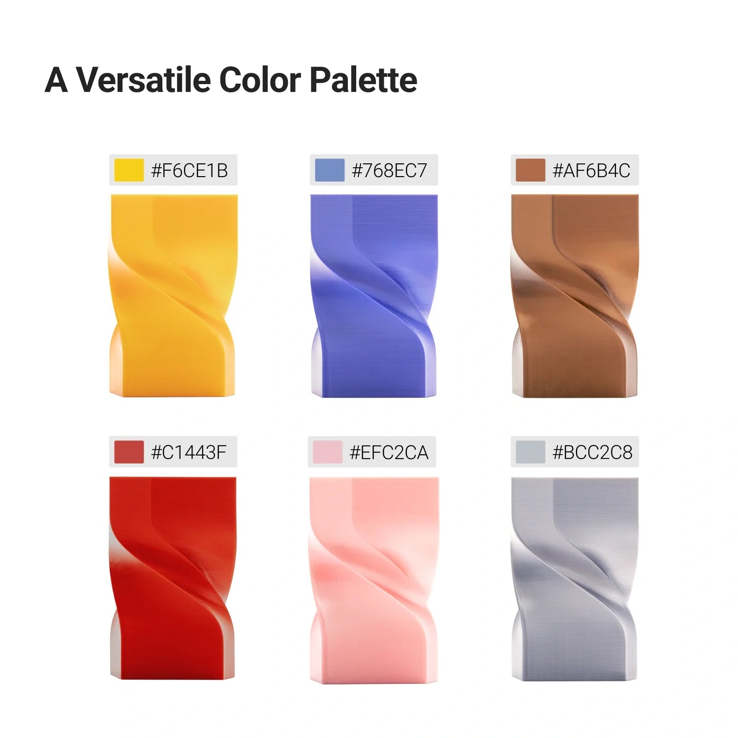 Six Silk PLA Filament (RFID) colors show glossy finishes for decorative and creative 3D printing.
