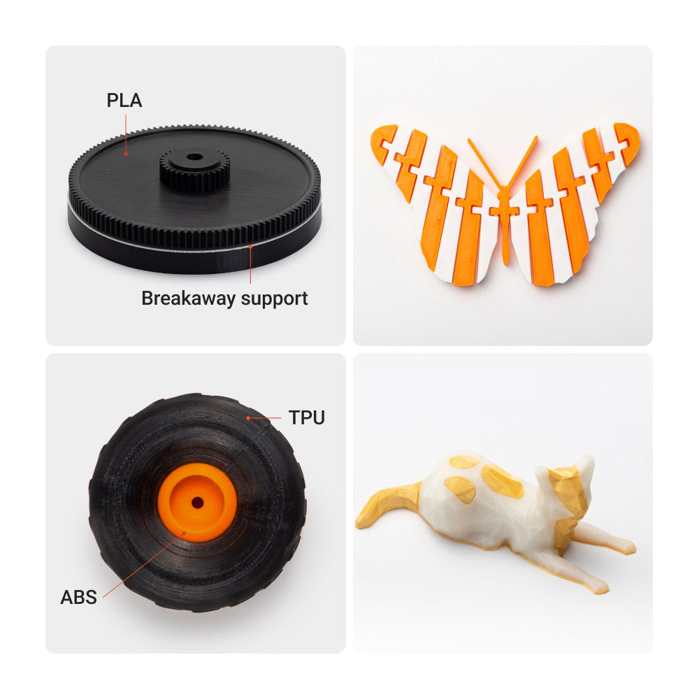 Samples of 3D printed objects with PLA, TPU, and ABS materials using Snapmaker J1s.