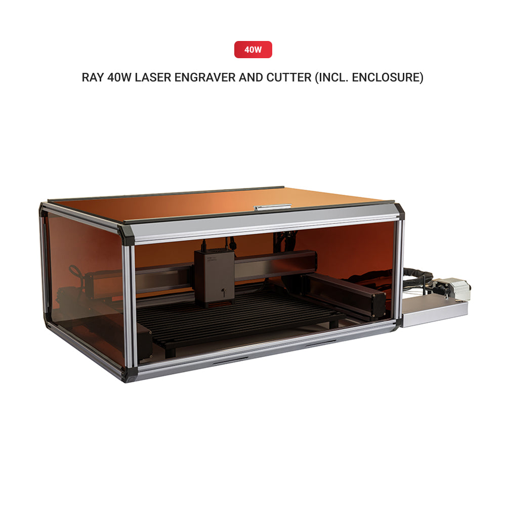 Snapmaker Ray 40W Laser Engraver and Cutter with protective enclosure, showcasing high-capacity laser machining.