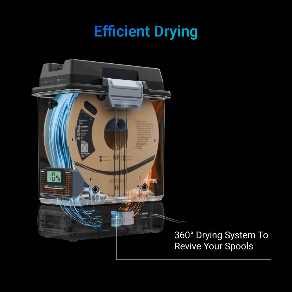 SnapDryer filament dryer, designed for 3D printing, helps maintain filament quality by drying it efficiently.