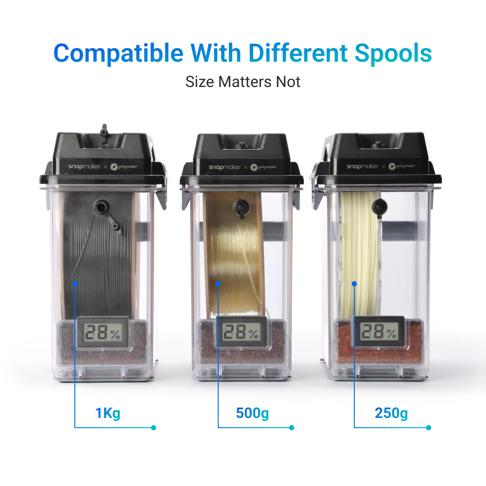 SnapDryer is a 3D printer filament dryer compatible with different spool sizes for efficient drying.