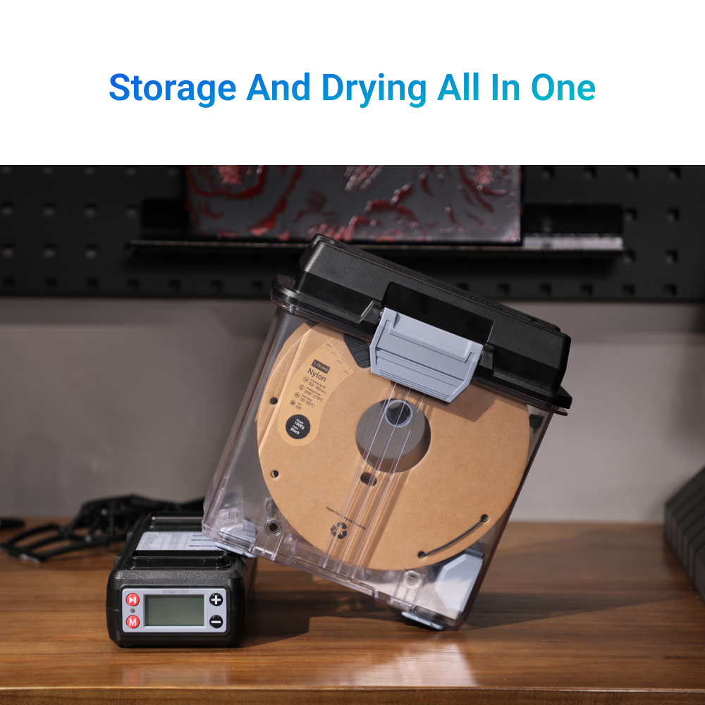 SnapDryer filament dryer combines storage and drying in one.