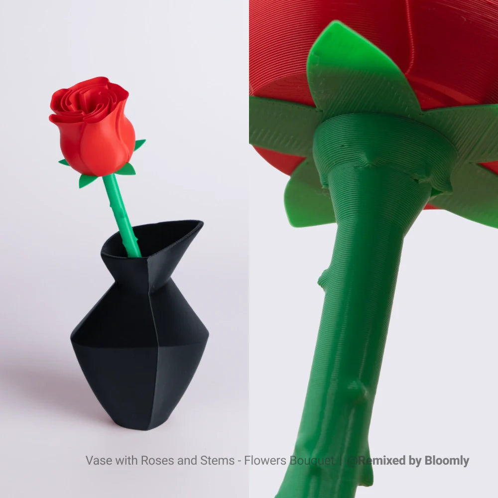 A rose and a black vase printed using SnapSpeed PLA Filament, showcasing the filament's smooth surface.