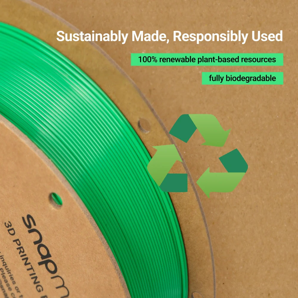 Close-up of SnapSpeed PLA Filament highlighting eco-friendly materials and recyclability.