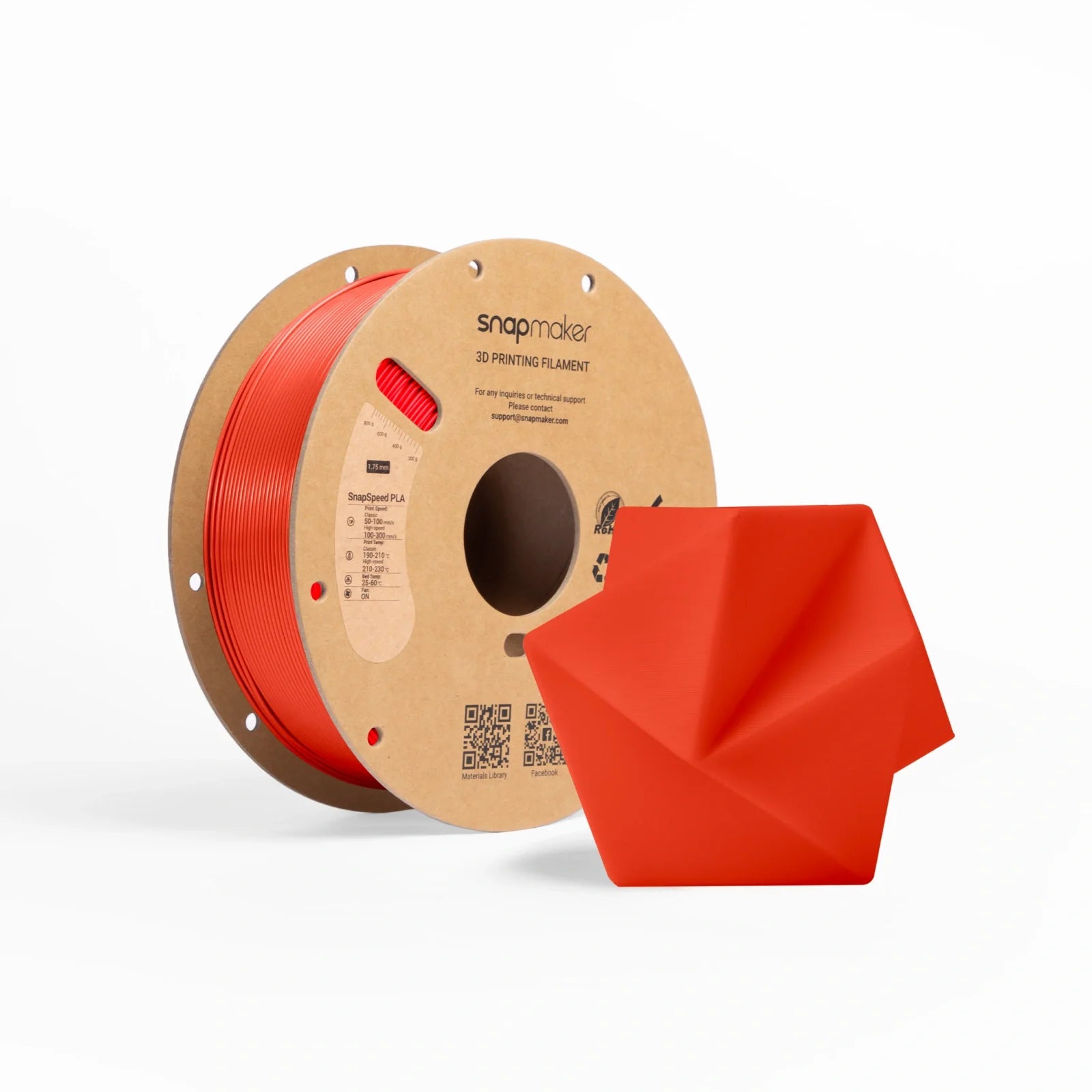 SnapSpeed PLA Filament red spool for vibrant, detailed 3D prints.