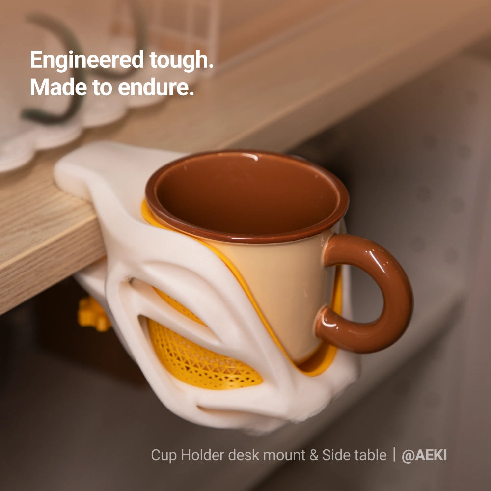 Cup holder desk mount printed with SnapSpeed PLA Filament holding a ceramic mug.