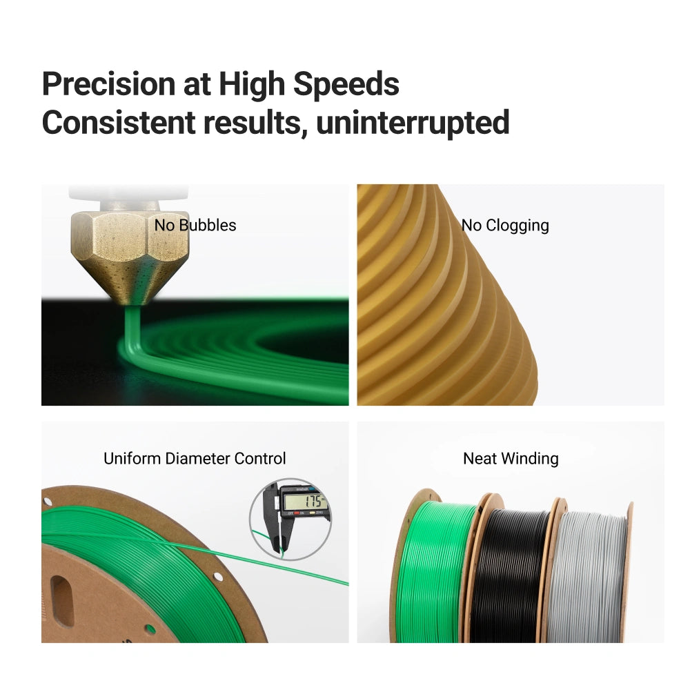 SnapSpeed PLA Filament extrudes smoothly with no bubbles or clogs and precise diameter control.