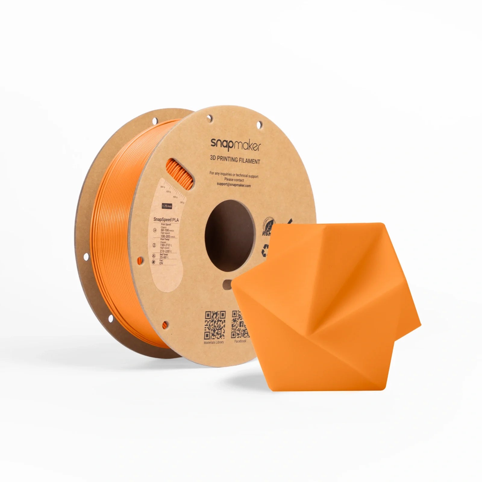 SnapSpeed PLA Filament orange spool ensures bright and durable 3D prints.