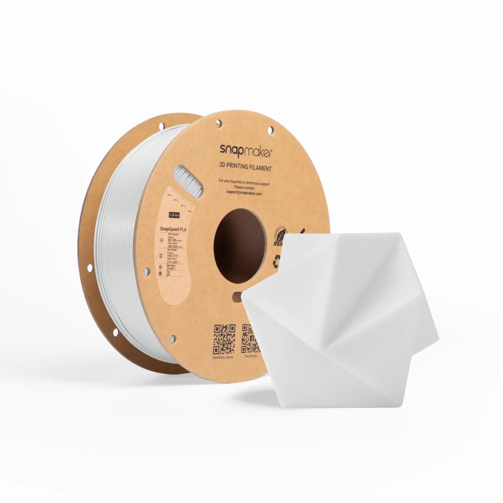 SnapSpeed PLA Filament in white with a printed geometric model for 3D printing.