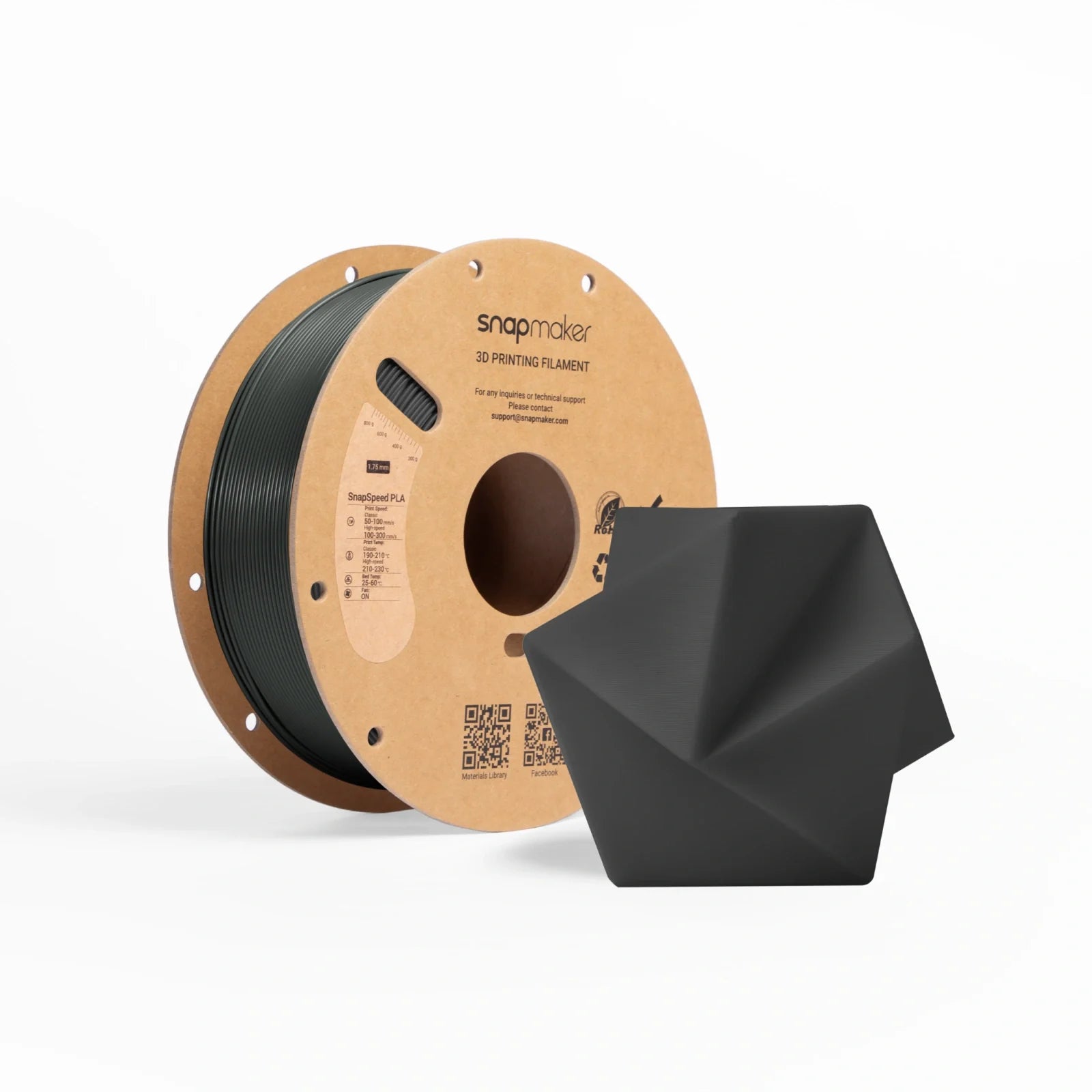 SnapSpeed PLA Filament black spool delivering precise 3D prints with strong contrast.