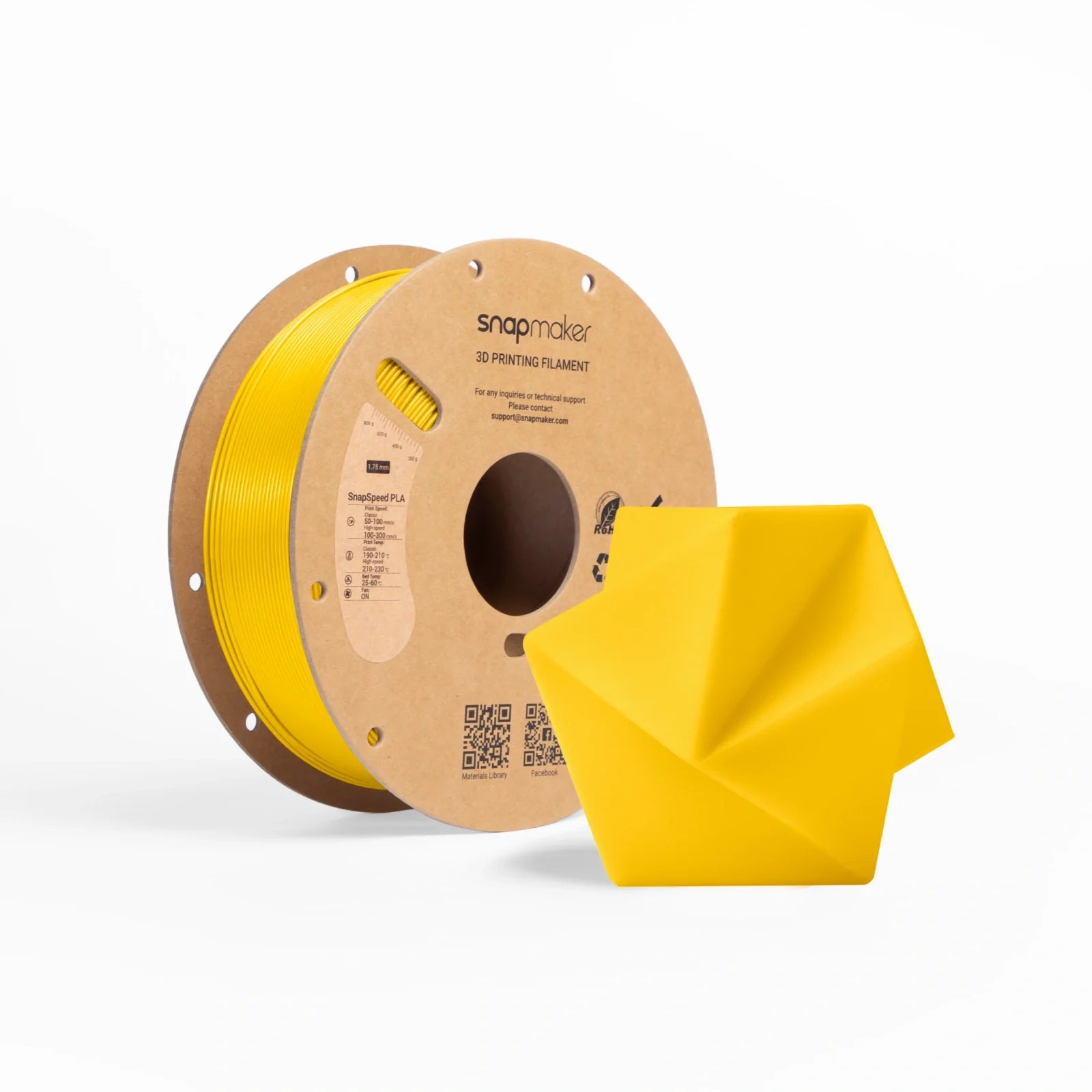 SnapSpeed PLA Filament yellow spool provides high-visibility 3D prints.