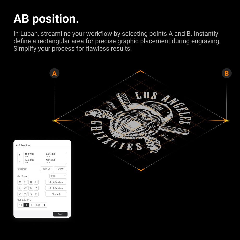 In Snapmaker Luban software, showcasing AB positioning feature for precise graphic placement during laser engraving.