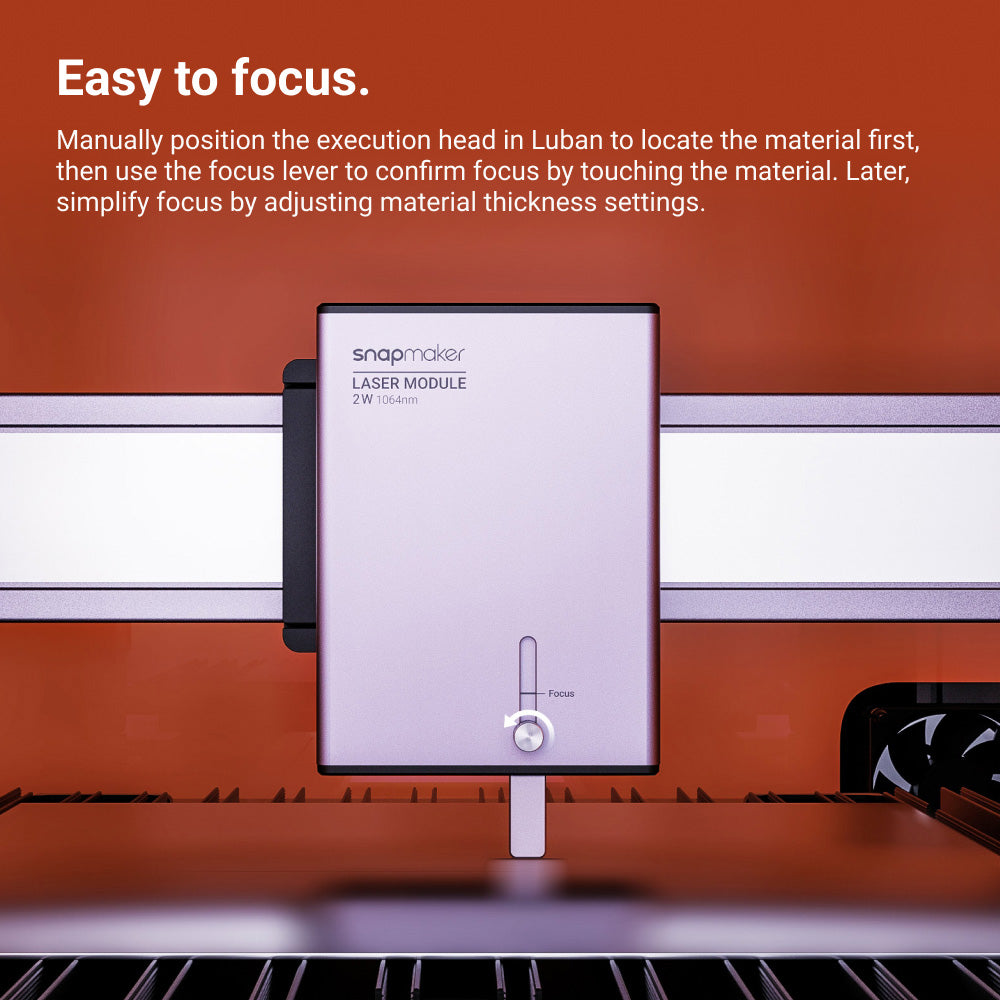 Close-up of the Snapmaker laser module with a focus lever for easy adjustment of material thickness during laser operations.