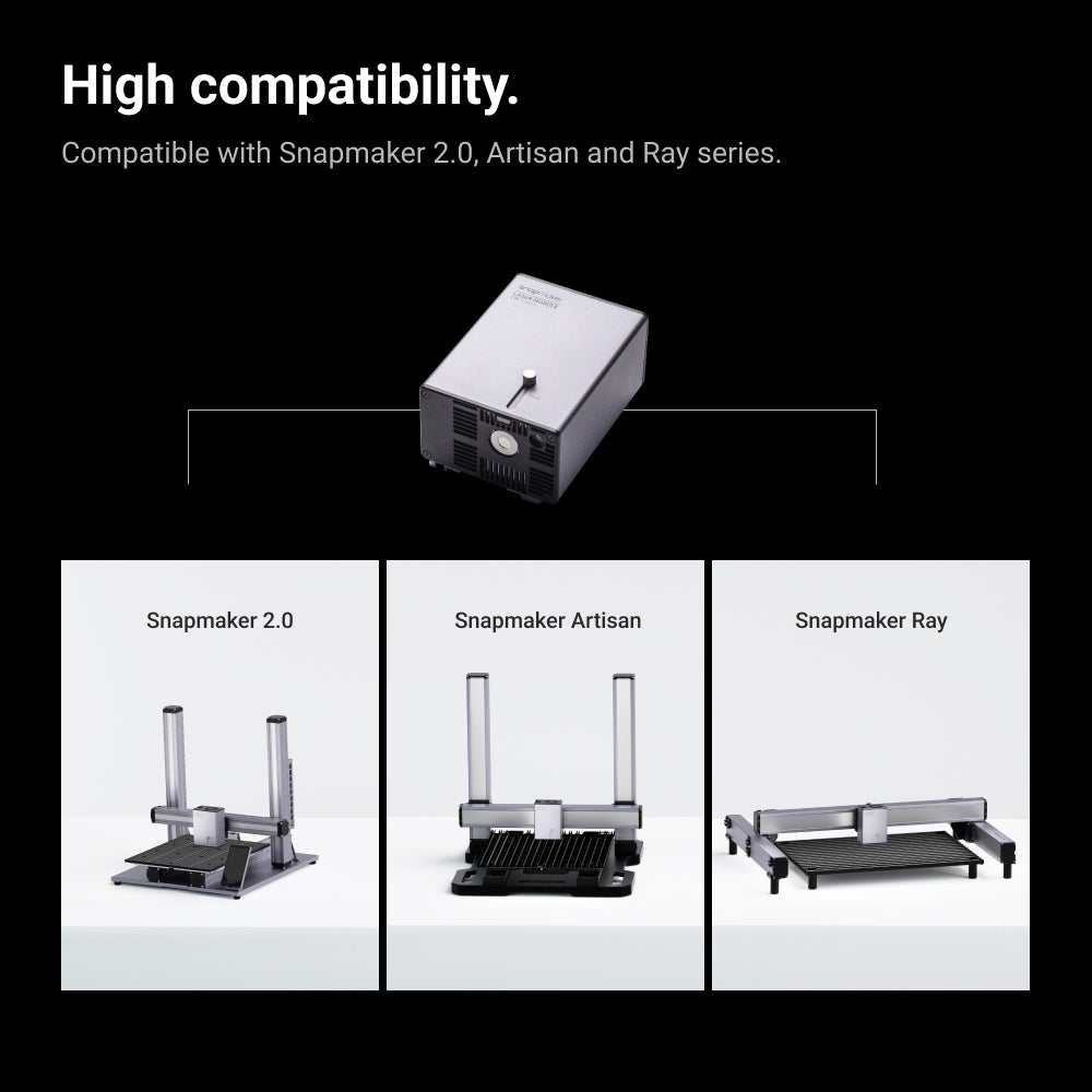 Compatible with Snapmaker 2.0, Artisan, and Ray series, showcasing Snapmaker 1064nm Infrared Laser Module's adaptability.