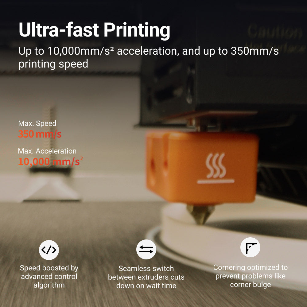 Demonstration of the Snapmaker J1s's ultra-fast printing feature, highlighting the speed up to 350 mm/s and 10,000 mm/s² acceleration.