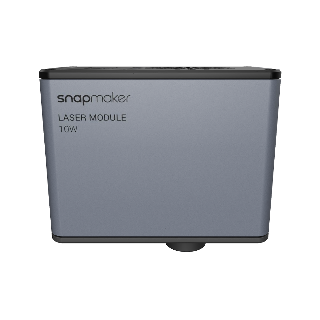 Front view of Snapmaker 10W laser module emphasizing the 10W laser capacity for powerful engraving and cutting.