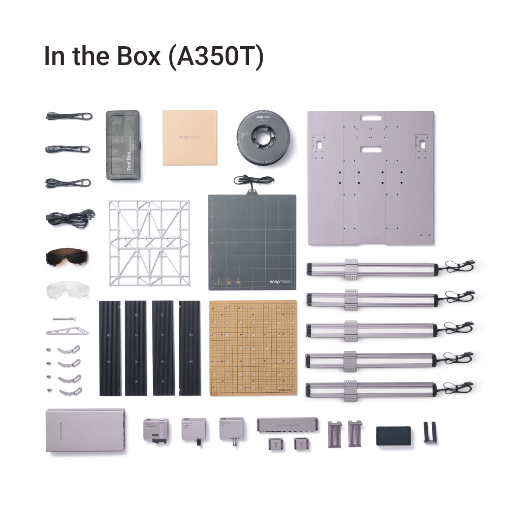 Snapmaker 2.0 A350T showcases tools and parts for assembly and customization.