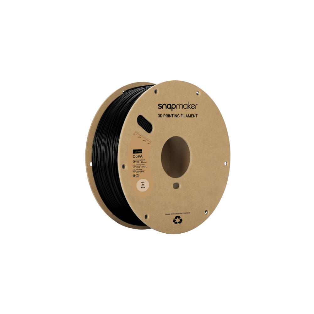 Snapmaker Black Nylon Filament 1kg for high-strength 3D printing, featuring excellent heat resistance and durability.
