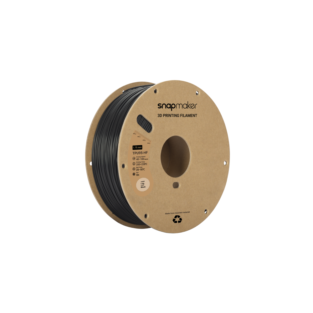 Snapmaker 1kg spool of Black TPU95 filament, optimized for high-speed printing and durability with Shore Hardness of 95A. 